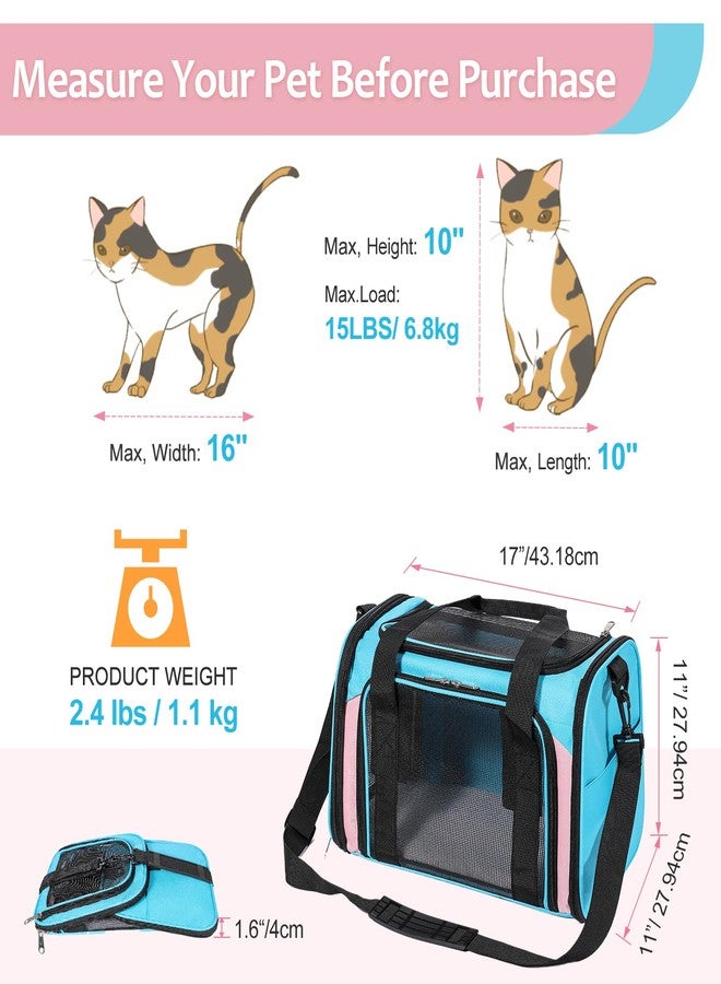 Discala Cat Dog Carrier Up to 15 Lbs TSA Airline Approved Pet Carrier for Small Medium Cats Puppies Dog Carriers for Small Dogs Collapsible Soft Sided Cat Travel Carrier - Blue&Pink 17"x11"x11" - Image 2